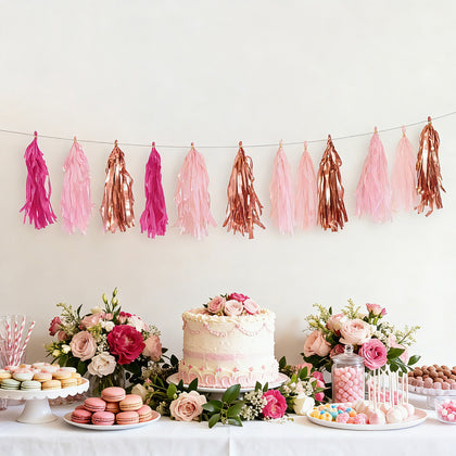 16 Pack Pre-Tied Foil Tassel Garland Party Decoration – Pink & Rose Gold Paper Tassels with 10ft Hanging String