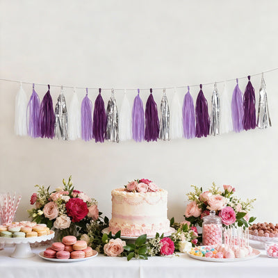 16 Pack Pre-Tied Foil Tassel Garland Party Decoration – Purple & Silver Paper Tassels with 10ft Hanging String