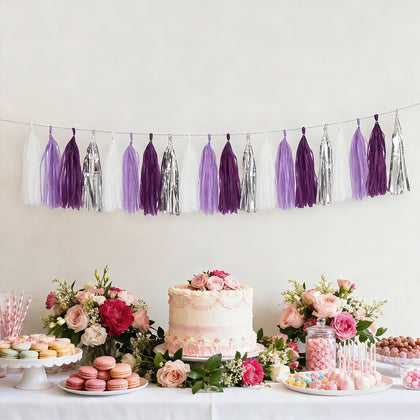 16 Pack Pre-Tied Foil Tassel Garland Party Decoration – Purple & Silver Paper Tassels with 10ft Hanging String