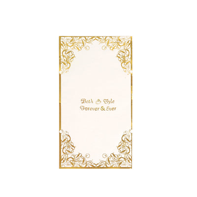 Gold-embellished wedding invitation card with elegant script.
