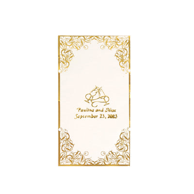 Elegant wedding invitation with gold foil accents and intricate borders.