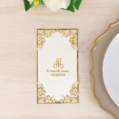 Elegant wedding napkin with gold foil design and personalized names and date.