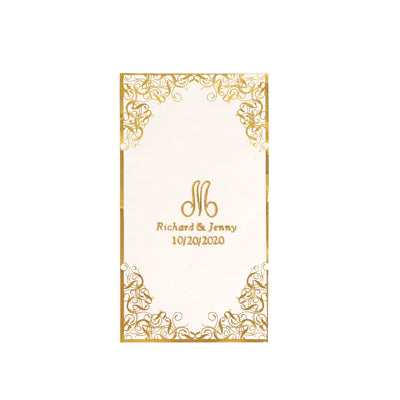 Elegant wedding invitation with gold foil accents and ornate border design.