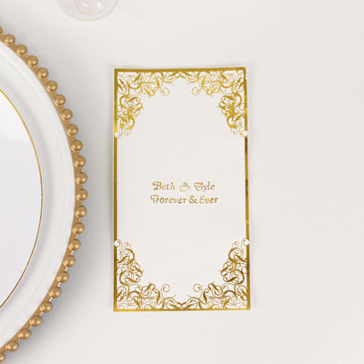 Gold-accented wedding invitation with ornate border design.