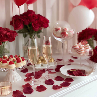 Elegant Valentine's Day dessert table with champagne, roses, and sweet treats.