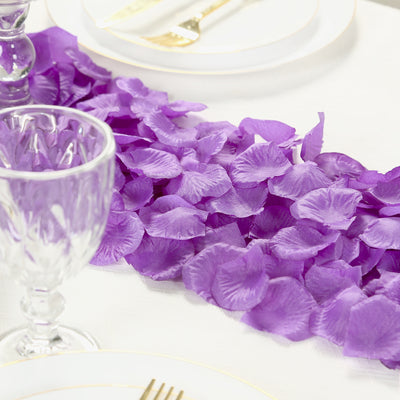 Purple rose petal table runner for elegant dining decor.