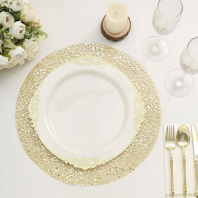 Elegant gold sequin table setting with a white plate and glassware.