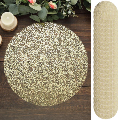 50-Pack Mesh Table Placemats 13" Round Sequin Design Metallic Gold - Sparkly Dust-Free Disposable Dining Mats