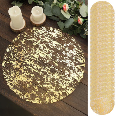 Gold textured table runner on a rustic wooden surface.