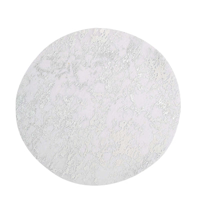Silver textured round decorative piece on a white background.