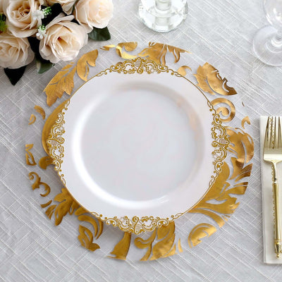 Elegant gold decorative plate with intricate design on a white background.