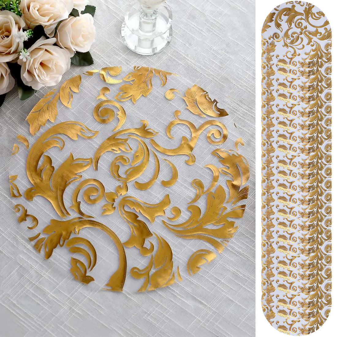 Gold floral table overlay on a white tablecloth with roses.