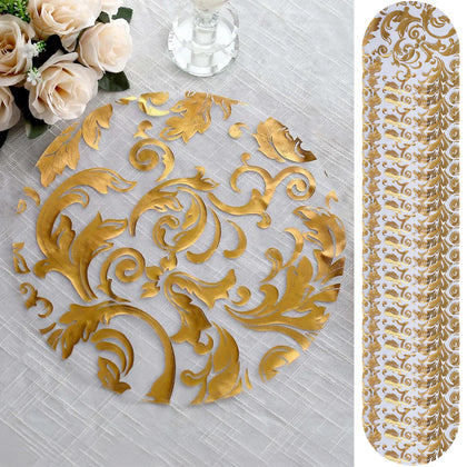 50-Pack Organza Table Placemats 13" Round Swirl Foil Floral Design Metallic Gold - Sheer Disposable Dining Mats