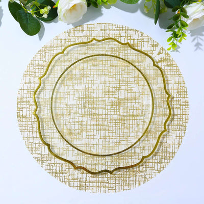 Gold decorative plate on a textured background with floral accents.