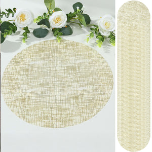Round gold textured placemat on a white background.