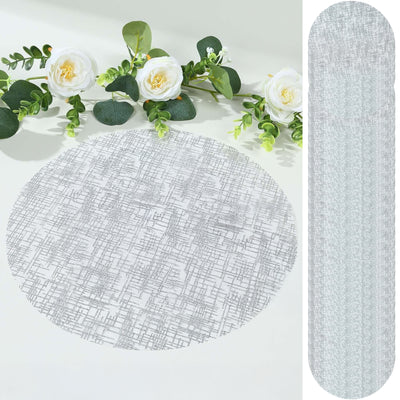 Round table placemat with gray geometric design on a white background.