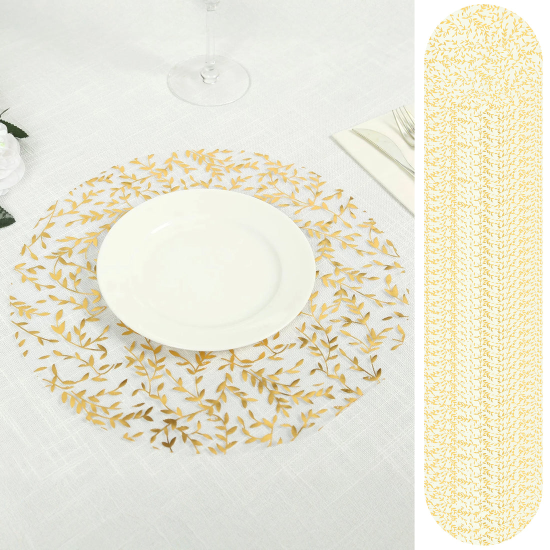 Gold leaf table runner and placemat on a white tablecloth.