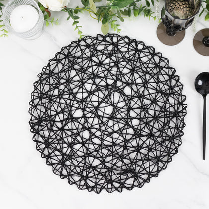6-Pack Woven Fiber Table Placemats 15" Round Design Black - Disposable Dining Mats