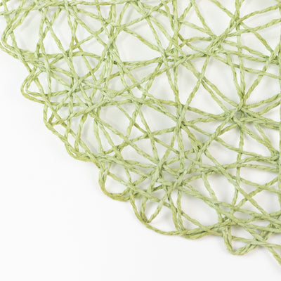 Green woven netting with intricate patterns on a white background