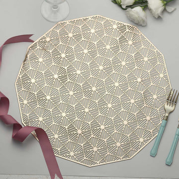 Create Unforgettable Wedding Table Decor with Gold Geometric Woven Vinyl Placemats