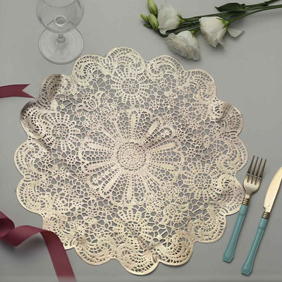 Lace doily on a table with cutlery and flowers