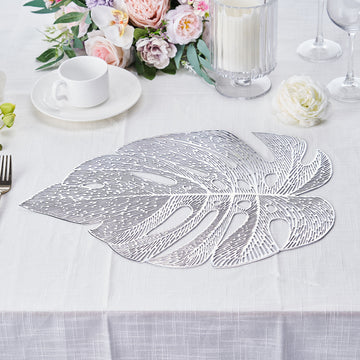 Add Elegance to Your Table with Silver Monstera Leaf Vinyl Placemats