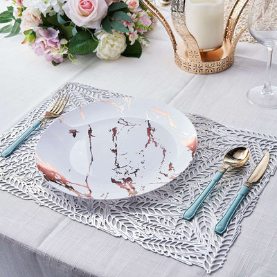 Elegant marble design plate on a beautifully set dining table.