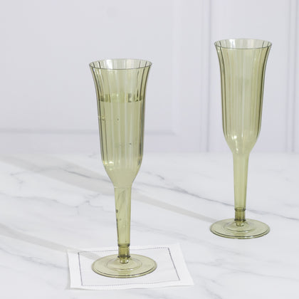 24-Pack Plastic Champagne Flutes 6oz Transparent Dusty Sage Green Flared Design - Disposable Glasses with Detachable Base