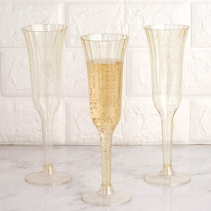 24-Pack Plastic Champagne Flutes 6oz Clear Gold Glitter Flared Design - Disposable Glasses with Detachable Base