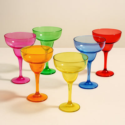 Colorful plastic cocktail glasses in vibrant hues.