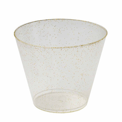 Clear plastic cup with gold glitter accents