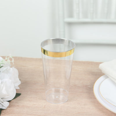 Clear plastic cup with gold band on top, elegantly styled.