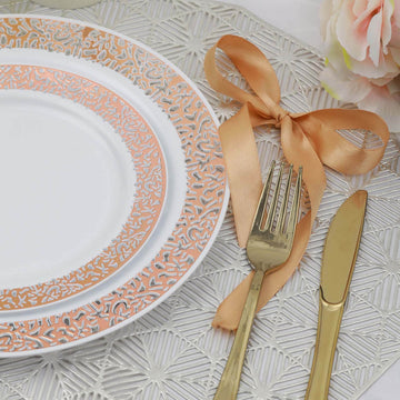 Convenient and Stylish Rose Gold Lace Rim White Plastic Dinner Plates