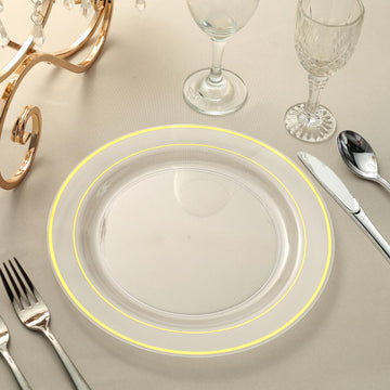 Elevate Your Event with Très Chic Gold Rim Clear Plastic Dinner Plates