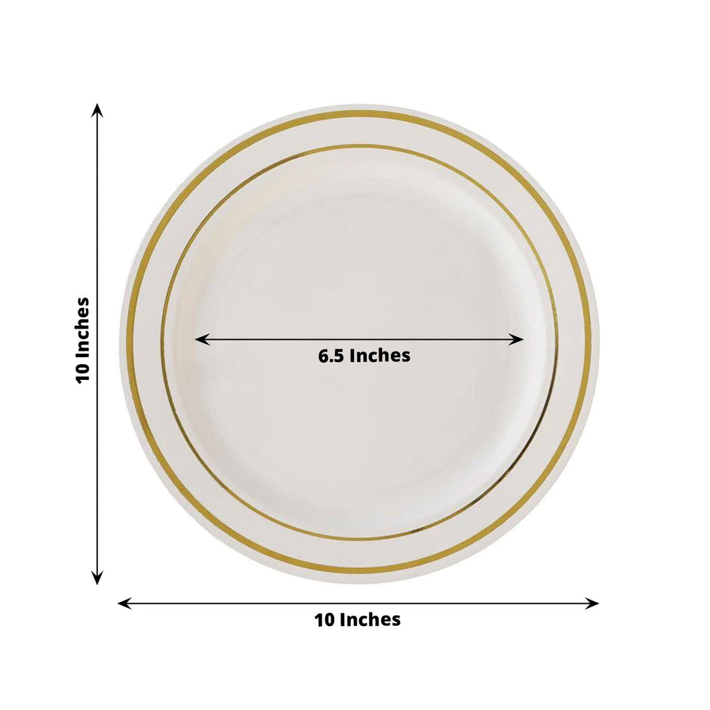 10 Pack Gold Rim Ivory Dinner Plates | eFavormart.com