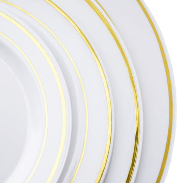 Très Chic Gold Rim White Plastic Dinner Plates