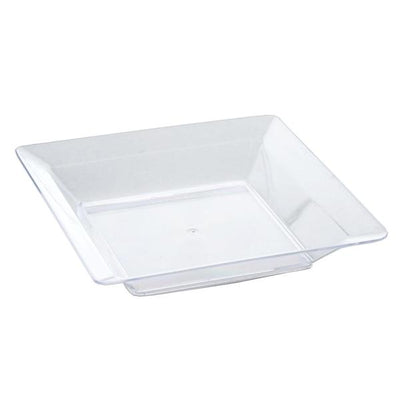 Clear square plastic serving bowl on a white background.