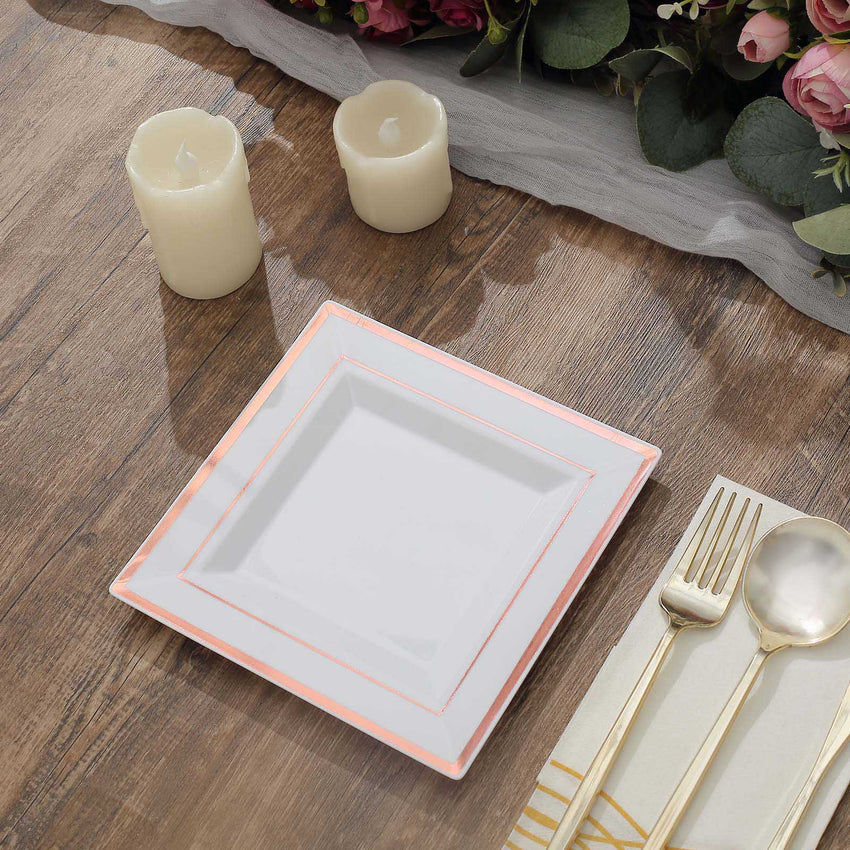 Unleash Your Creativity with Rose Gold Trim White Square Dessert Plates