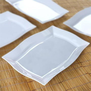 Glossy White Plastic Rectangular Serving Plates with Wave Trimmed Rim - Set of 10