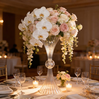 Elegant floral centerpiece with orchids and roses in a clear vase.