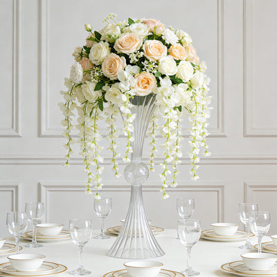 4 Pack Ribbed Acrylic Trumpet Vases – 32" Clear Reversible Flower Centerpiece with Crystal Ball Accent