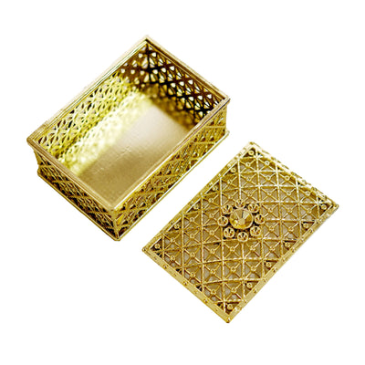 Gold decorative box with intricate lattice design and removable lid