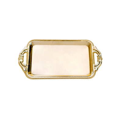 Gold rectangular serving tray with ornate handles