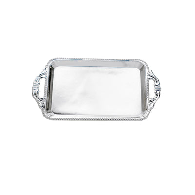 Silver serving tray with ornate handles on a white background