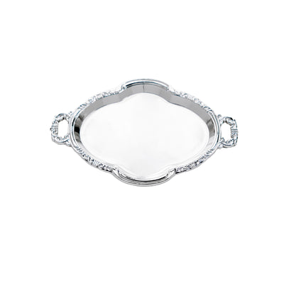 Silver serving tray with ornate handles and a polished surface