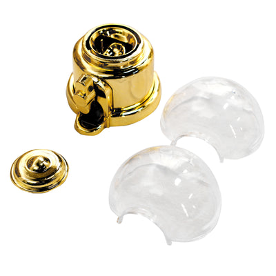 Gold and clear dome light fixture components on white background
