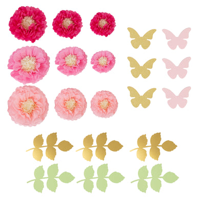 Assorted paper flowers, butterflies, and leaves in pink, gold, and green.