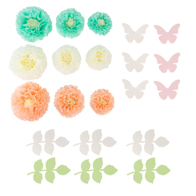 Colorful paper flowers and butterflies for crafting and decoration