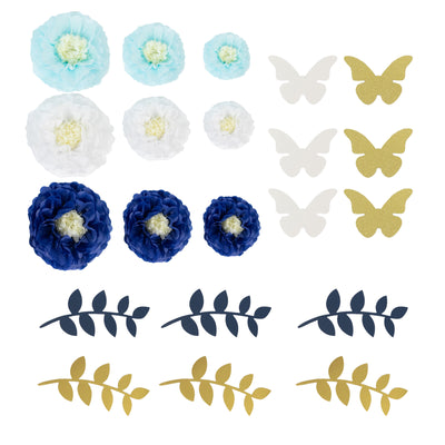 Decorative paper flowers, butterflies, and leaves in various colors for crafting.