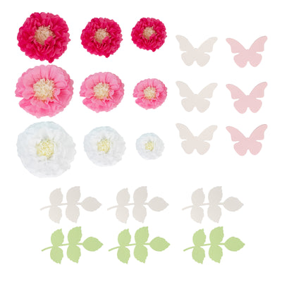 Colorful flower and butterfly cutouts in various sizes on a white background
